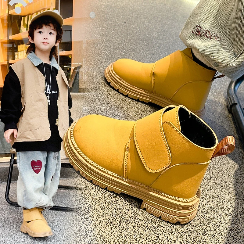 Children\'s Baby Boots 1-18 Years Old Yellow Simple Boys Girls Leather Boots Four Seasons Hundred with Non-slip Kids Martin Boots