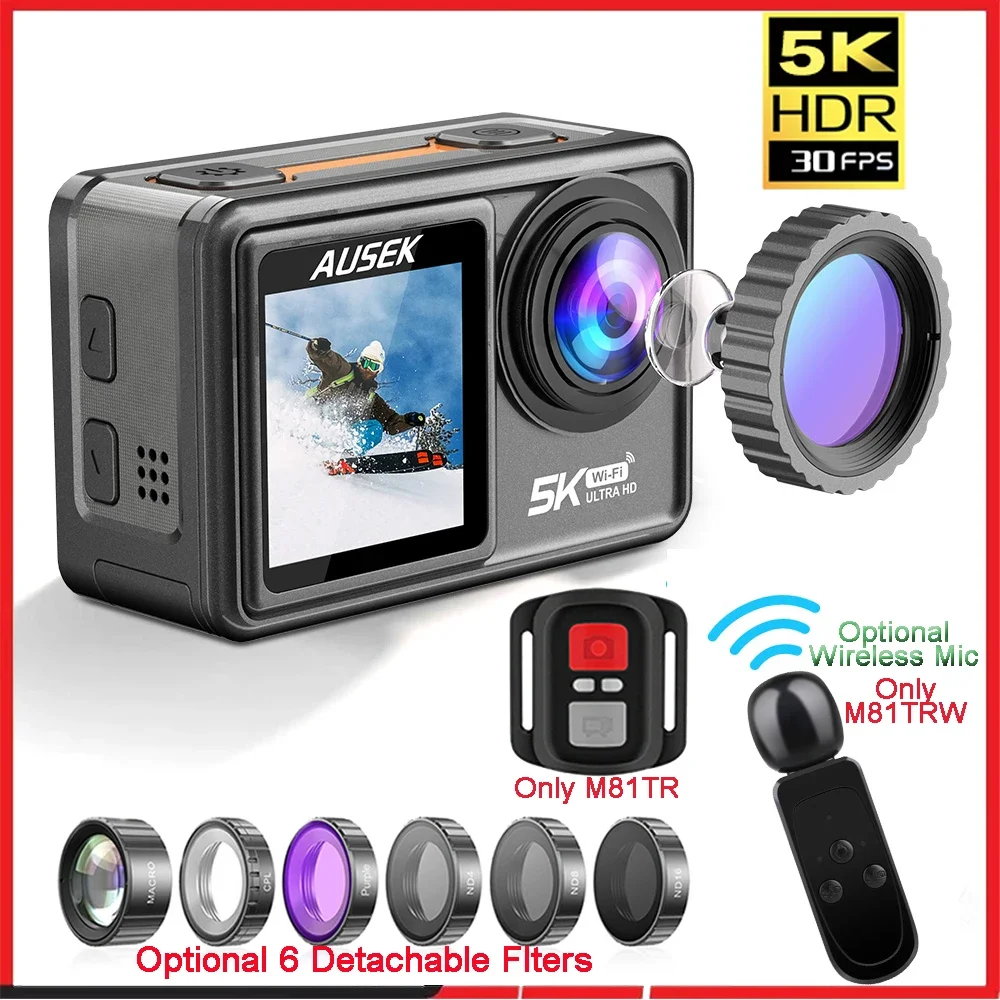 

S81TRW Экшн-камера 5K 4K60FPS 48MP EIS DVR Веб-камера 2 "IPS Двойной экран Дополнительный 6 фильтров Беспроводной микрофон Wi-Fi Спортивная камера