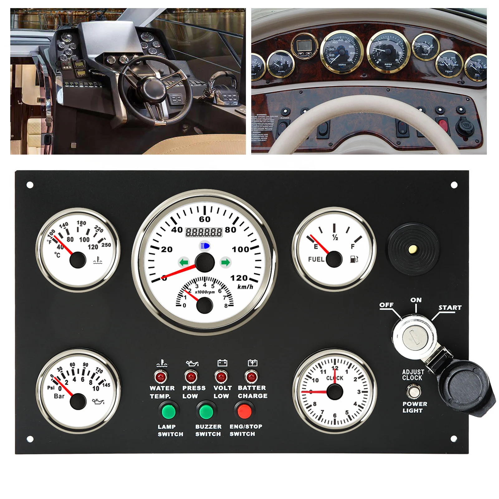5 Gauge Cluster Set Speedometer Fuel Level Water Temperature Oil Pressure Meter Clock Multifunction for RV Yacht Dash Gauge Set