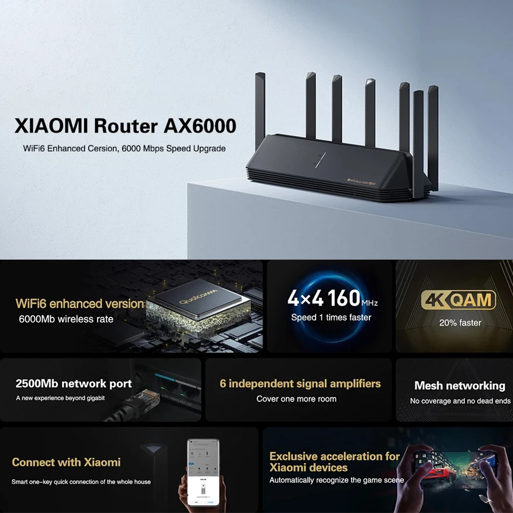 Xiaomi Router AX6000 6000Mbs WiFi6 VPN 512MB Qualcomm CPU Mesh Repeater External Signal Network Amplifier Mi Home