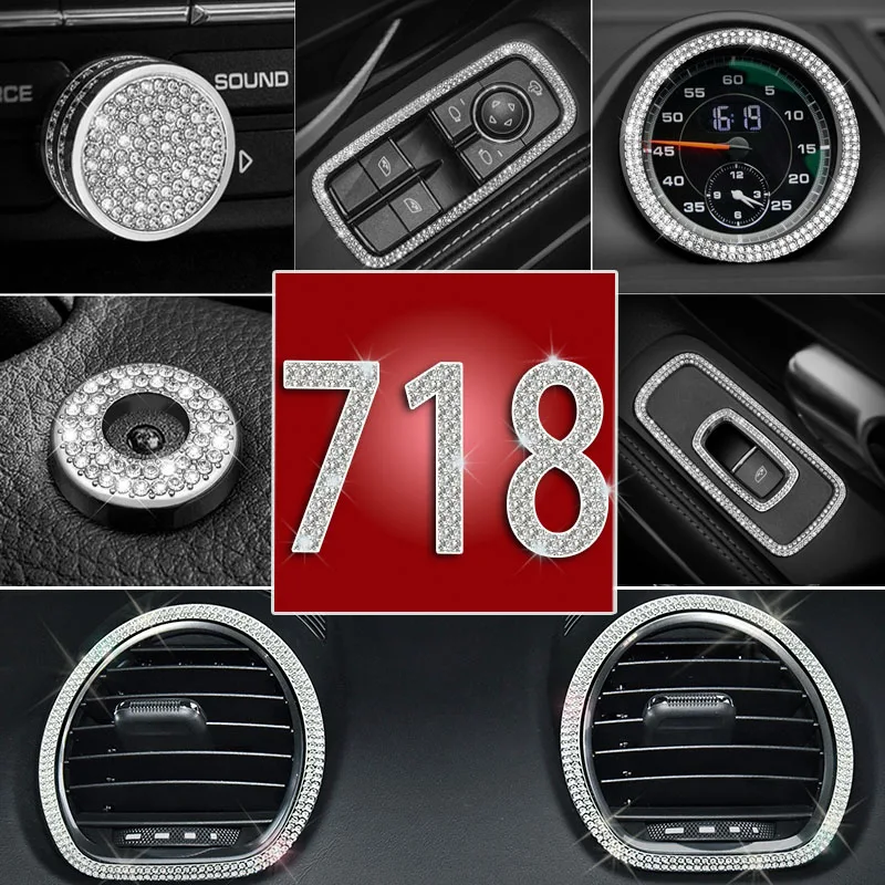 Metal Rhinestone Stickers for Steering Wheel Emblem, Air Vent & One‑Click Start, Interior Modification, Fit for Porsche 718 2016