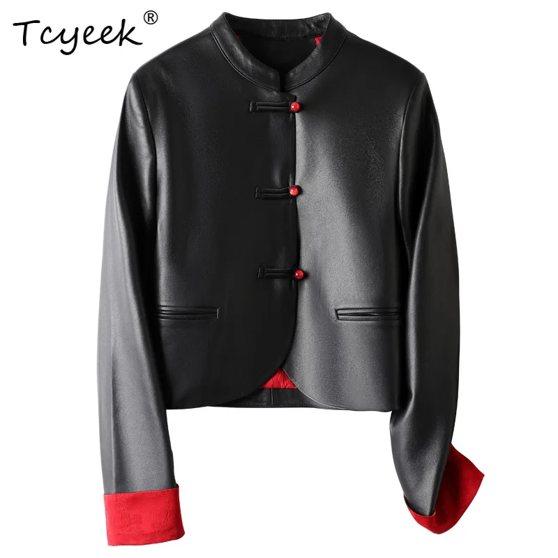Tcyeek Strato superiore di pelle di pecora Primavera Autunno Nuovo stile cinese Colletto rialzato Giacca di pelle da donna nera Ж Dön yisжаха Куртка