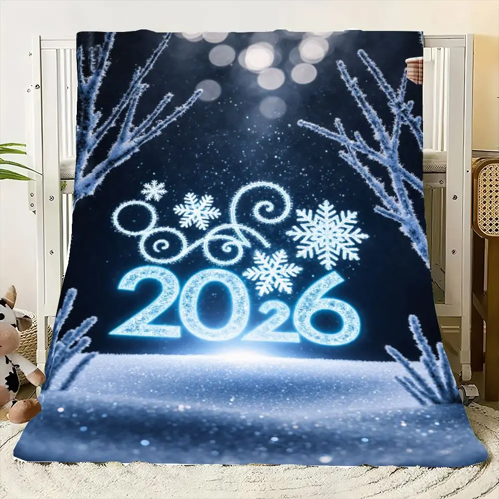 بطانية رمي الشتاء لعام 2026 - بطانية صوف مريحة مع تصميمات ندفة الثلج والدوامة، لوحة ألوان زرقاء جليدية وبيضاء، P