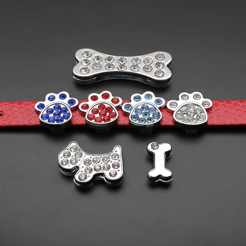 Paw Dog Bone Heart Slide Charm DIY Accessories Internal Dia 10mm Fit 10mm Bracelet Pet Collar Keychain Colorful Rhinestone Gift