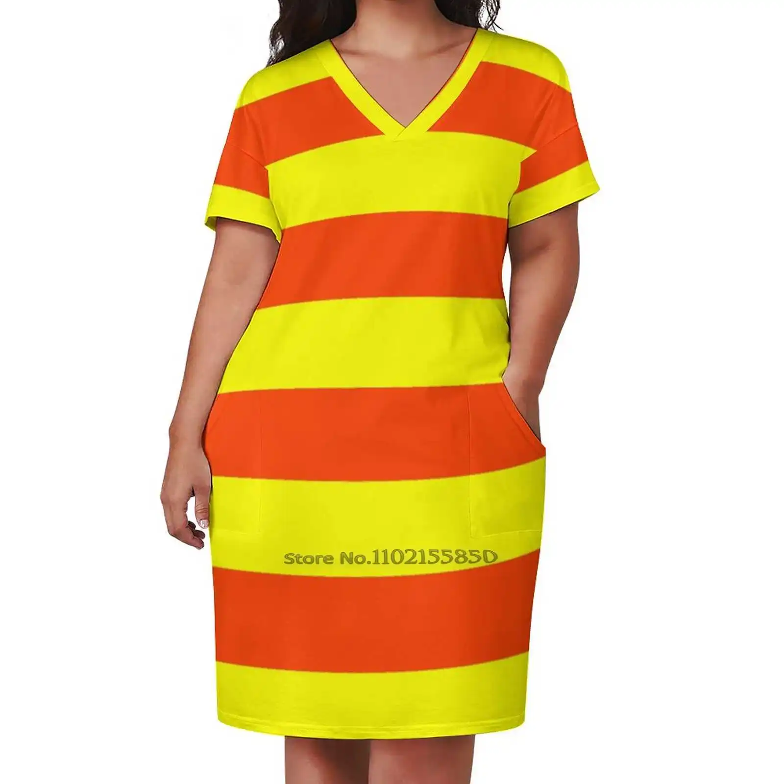 Bright Neon Orange And Yellow Horizontal Cabana Tent Stripes Loose Pocket Dress Fashion Print Dress Short Sleeve V-Neck A-Line