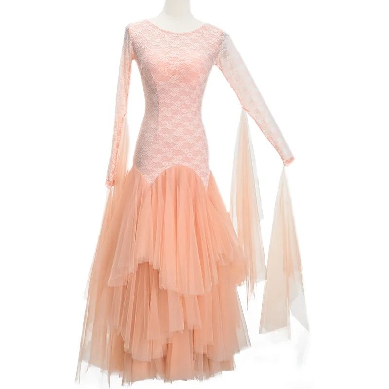 

Standard Ballroom Dress Women Orange Lace Waltz Flamenco Dancing Costume Adult Advanced Ballroom Competition Dance Dresses