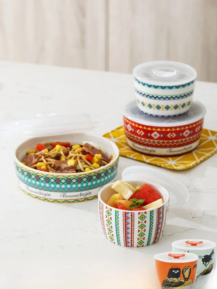

Chikaidou European Style Ceramic Bowl Set of 3 with Lid for Microwave Heating Freshness Preservation Camping Food Container