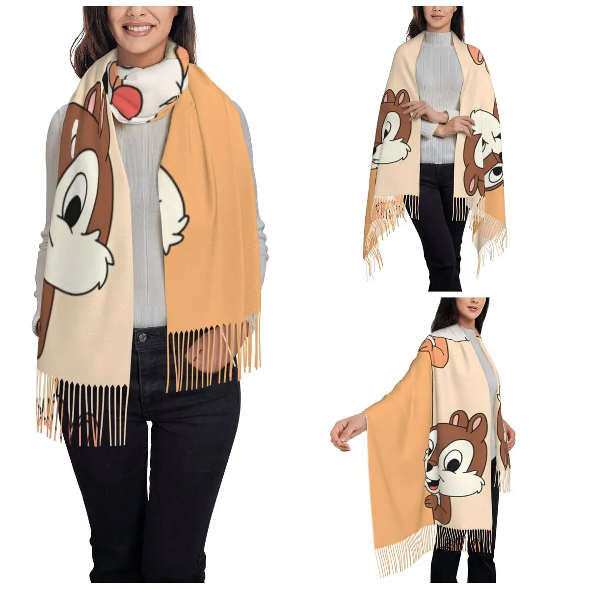 Chip 'n' Dale Lenço fofo de desenho animado para mulheres, xales de pashmina de inverno quentes e cachecóis grandes com borla, uso diário