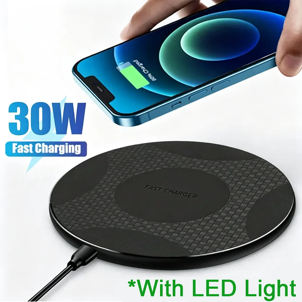 LED fast Circular wireless charger stand, For iPhone 17-11, 9, 8, XR, Samsung S26-S21, S10, S9, and AirPods 3/2/Pro.