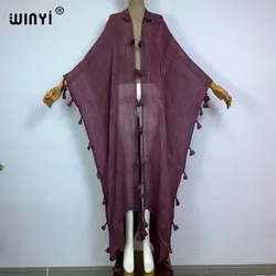 Nowe kobiety WINYI artystyczne monochromatyczne frędzle długi płaszcz elegancka sukienka afrykańskie swetry wierzchnie letnie seksowne bawełniane Kimono