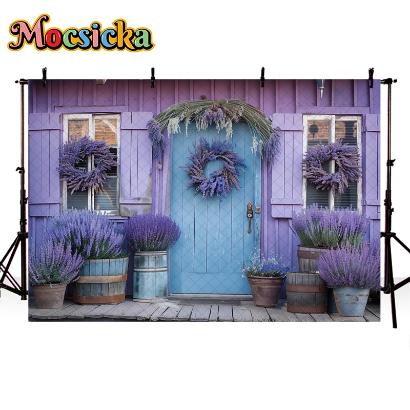 Mocsicka Photography Background Adult Portrait Decor Purple Lavender Wreath Blue Door Wooden Striped Wall Backdrop Photo Studio