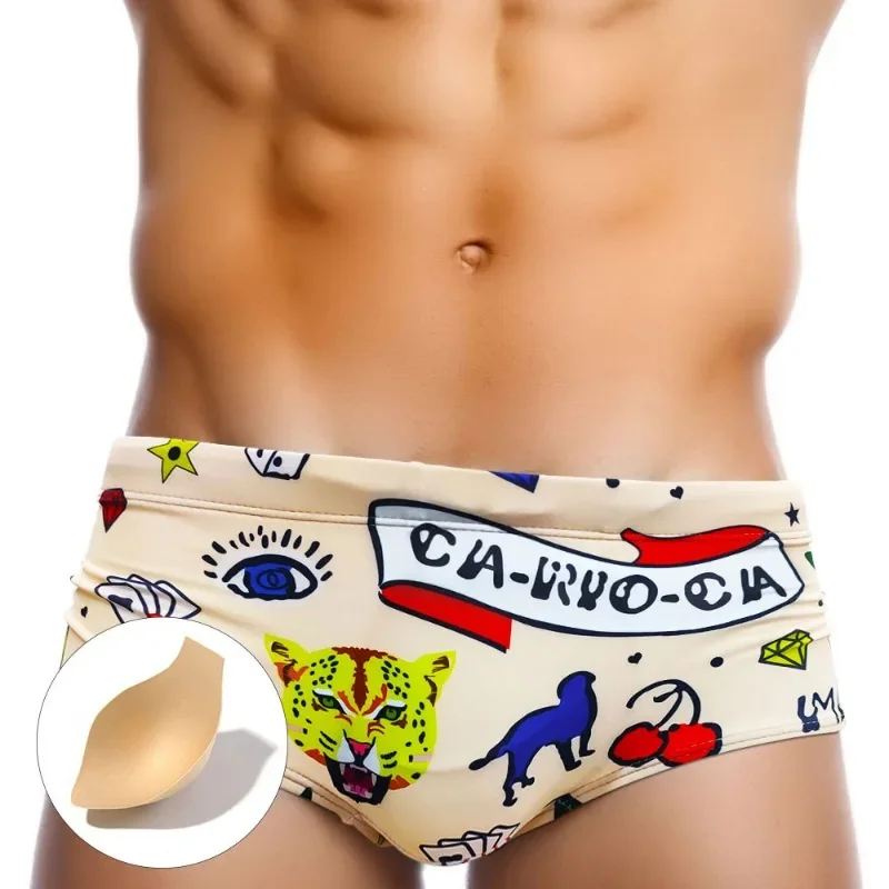 Sexy maiô masculino push-up roupa de banho natação dos desenhos animados impressão troncos shorts masculino secagem rápida respirável placa praia surf maiô