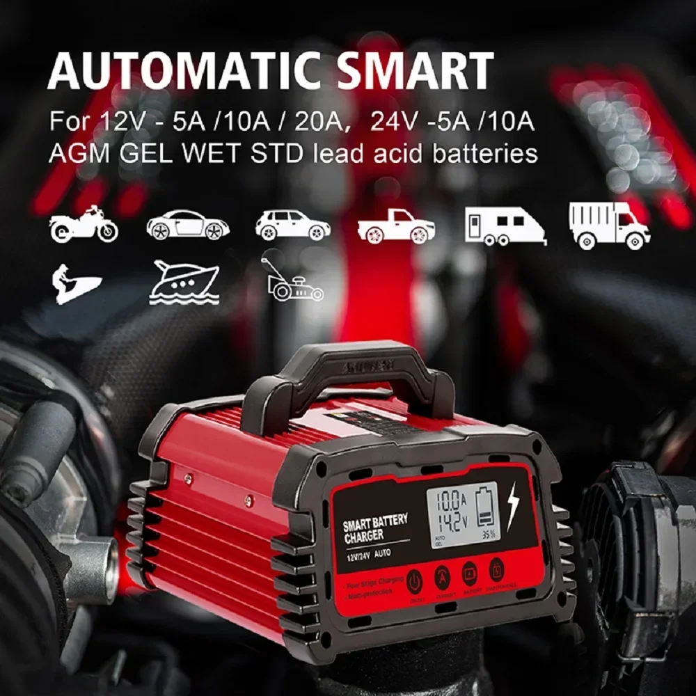 

Умное зарядное устройство 12 В/20 А, 24 В/10 А для авто Moto, свинцово-кислотный AGM гель, цифровой ЖК-дисплей, аккумулятор с зажимами кабеля запуска двигателя