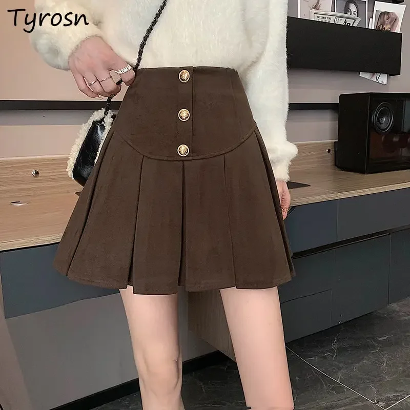 

Woolen Skirts Women Folds Sweet Simple All-match Elegant Mini Faldas Autumn Chic Tender Causal Korean Style Ladies Empire Design