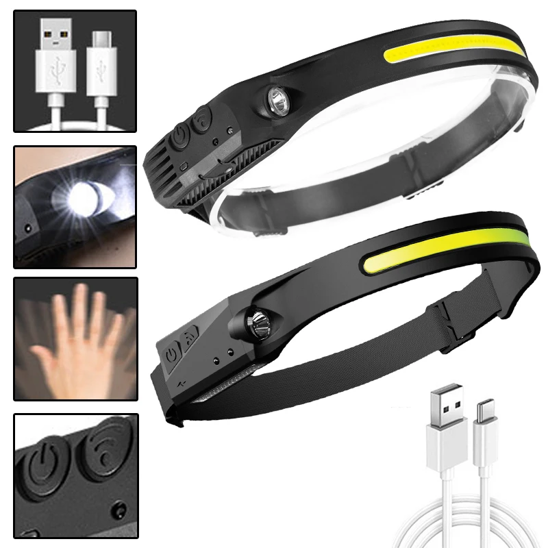 

USB Rechargeable COB Headlight Camping Search Light LED Induction Headlamps Work Light LED Head Torch With Built-in Battery