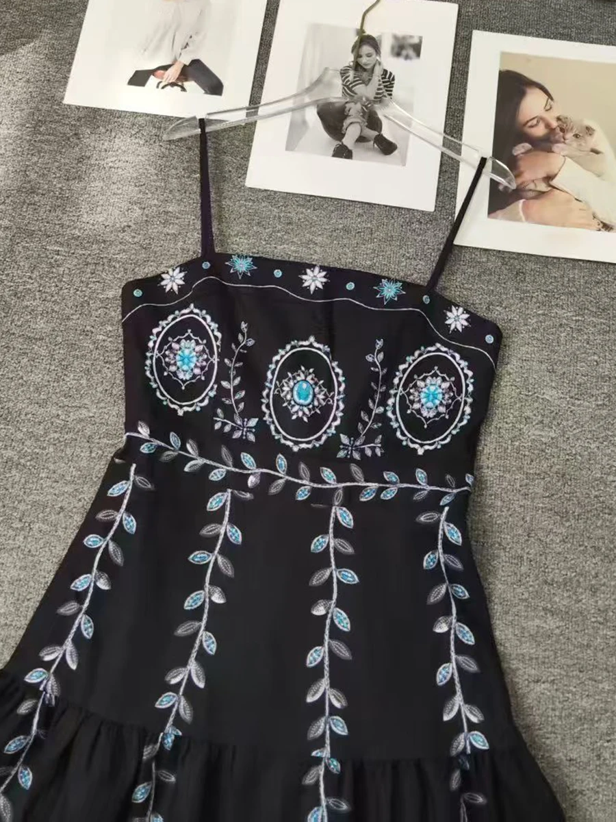 VGH Afternoon Tea Black Floral Embroidered Sundresses for Women Square Collar Sleeveless Tiered Maxi Skirt for Romantic Dates view 6