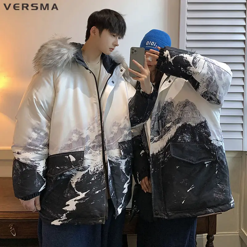 VERSMA-Veste en duvet de canard avec col en fourrure pour homme, Parkas Hip Hop, Capuche optique, Imprimé montagne de neige, Rétro, Adolescent japonais, Hiver, Dropshipping