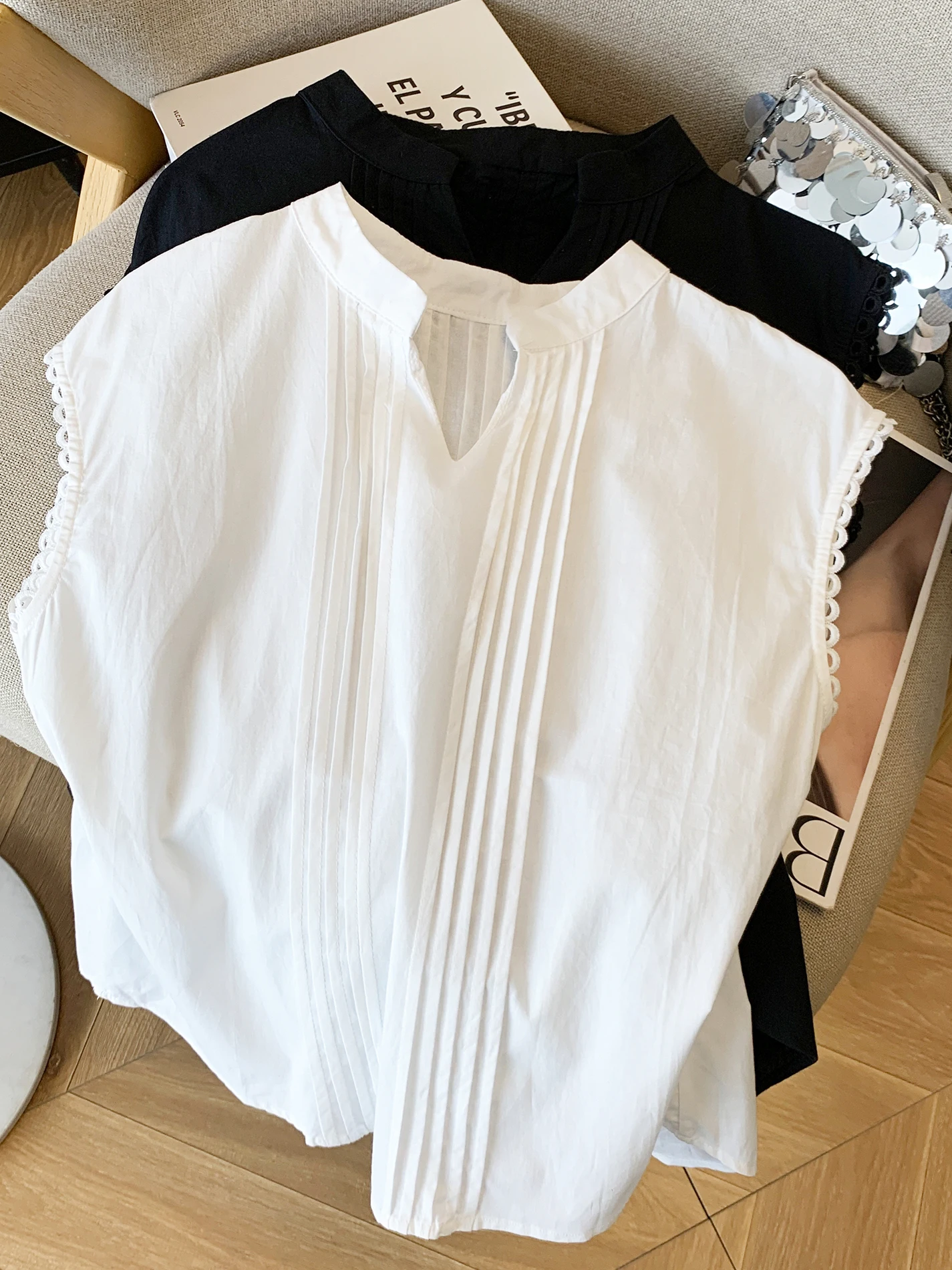 Design Sensation Plissee Rüschen V-ne Svel Leinen Damen Sommer Neue Sle Pendeln Vielseitige irt Flachs Top