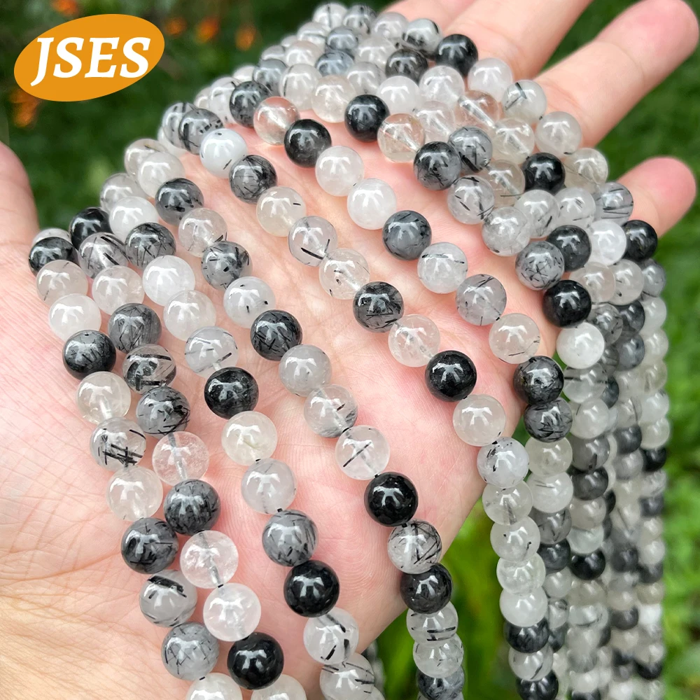 JSES AA Natural Black Rutilated Quartz Crystal Round Loose Space Beads for Jewelry Making 6/8/10mm Bracelet Necklace Stone Beads