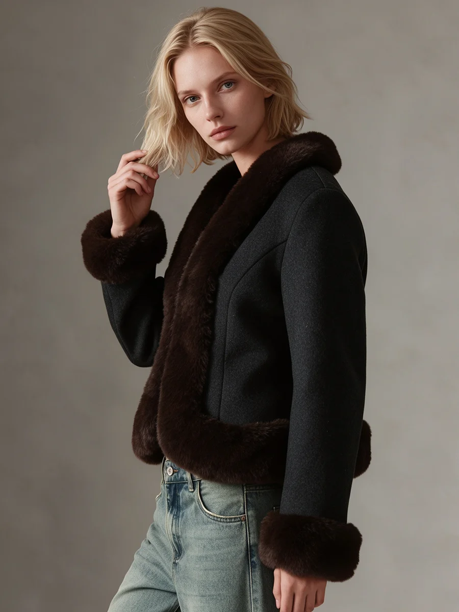 PUAL   Women Faux Fur Trim Woolen Coat V Neck Cropped Long Sleeve Warm Winter Casual Outerwear