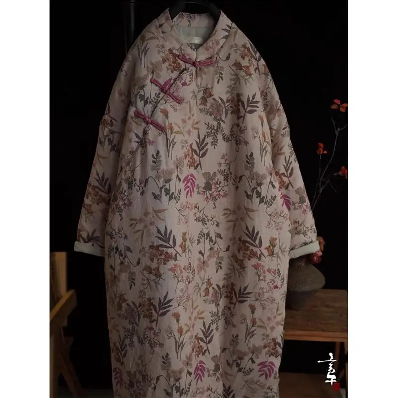 Vestido acolchado con botonadura inclinada y estampado de ramio Retro para mujer, ropa de algodón de longitud media, chaqueta cálida Zen china de