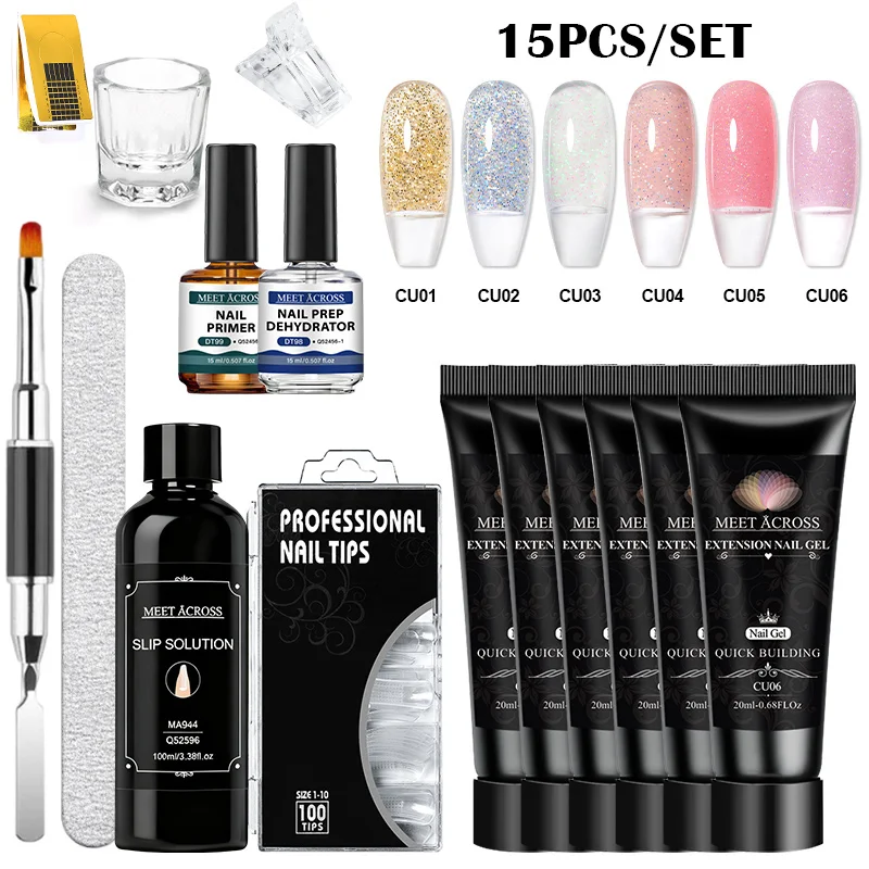 15pcs Extension Nail Gel Kit Pink Quick Building Complete Tools Crystal Clip Brush Form Set Manicure Prolong Tools Nail Supplies