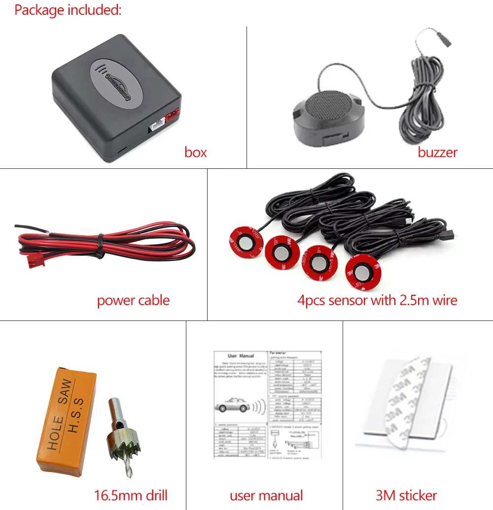 EURS Car Parking Sensor Assistant Parktronics 4 Black/Silver/White 13mm Flat Sensors Reverse Radar Sound Buzzer Alarm Sound