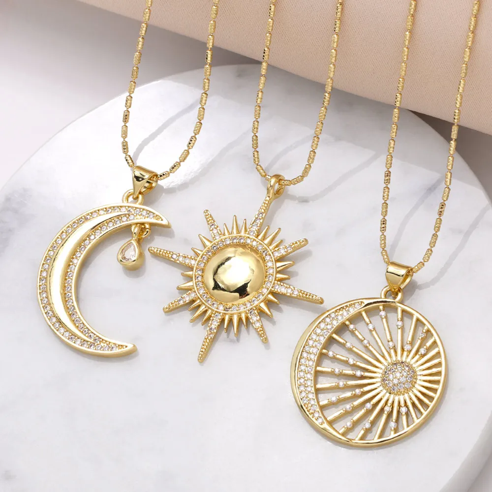 FLOLA Lune Sun Pendant Necklaces For Girls Crystal Gold Plated Necklace Amulet Cheap Stuff Wholesale Fashion Jewelry nkes18