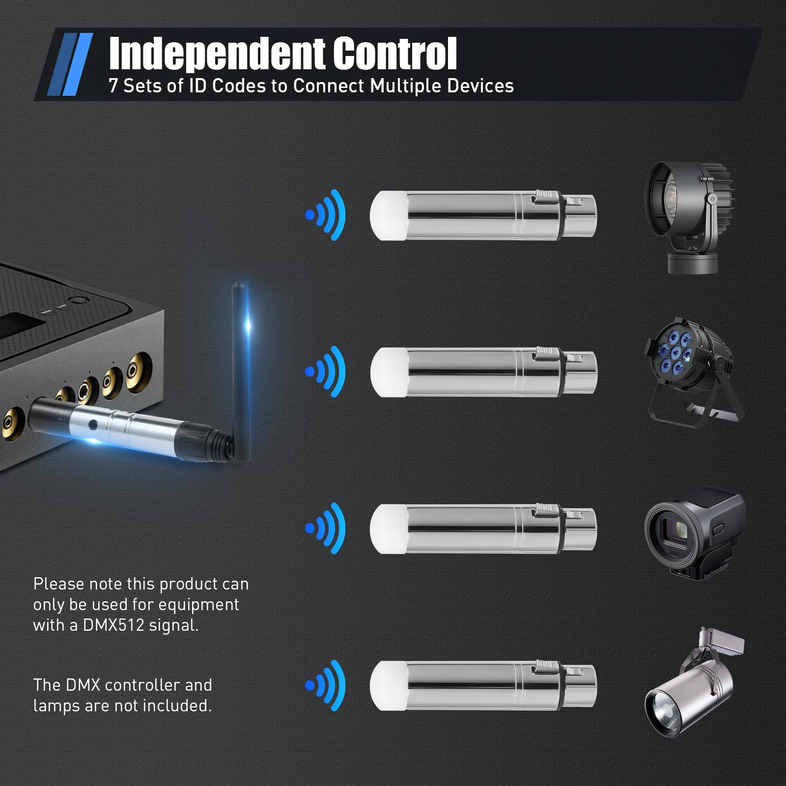 DMX 512 Controller Rechargeable Battery Wireless Transmitter 7* DMX512 Wireless Receivers 8* Power Adapters