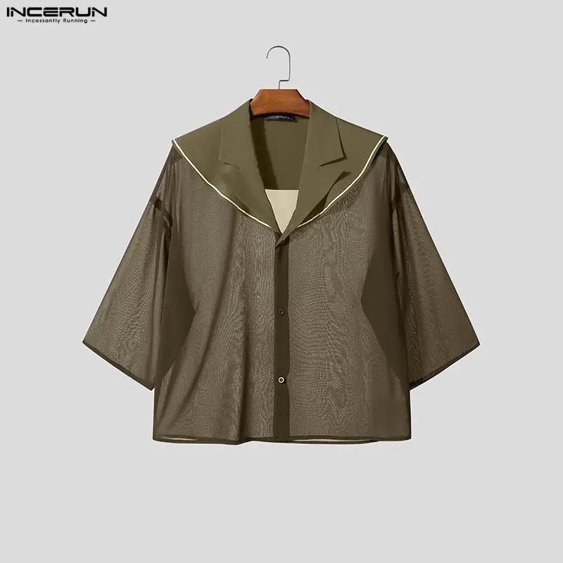 INCERUN Men Shirt Chiffon Patchwork See Through Loose Men Clothing Navy Collar Short Sleeve Korean Style Streetwear Male Tops