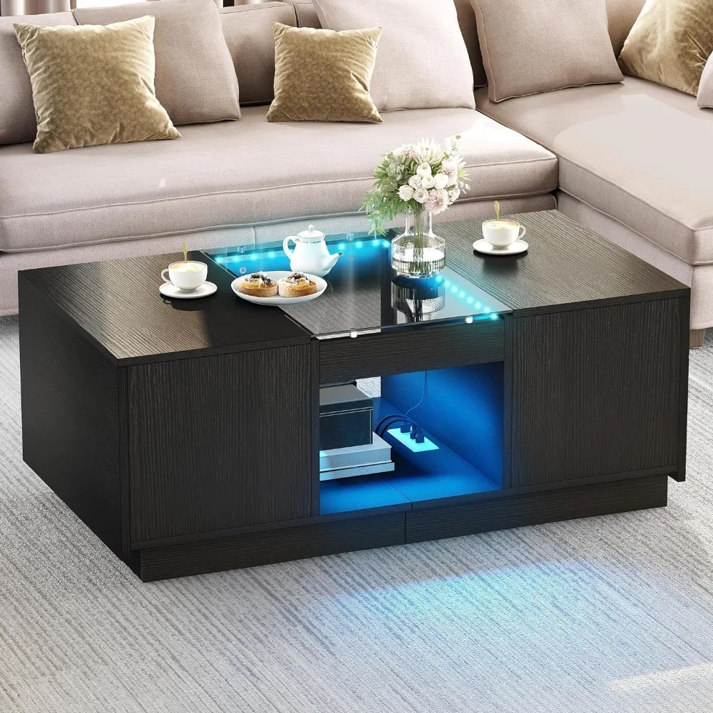 Table basse avec rangement avec lumières LED, 2 niveaux et 2 portes de proximité, grandes tables avec ports USB et Type-C, table basse