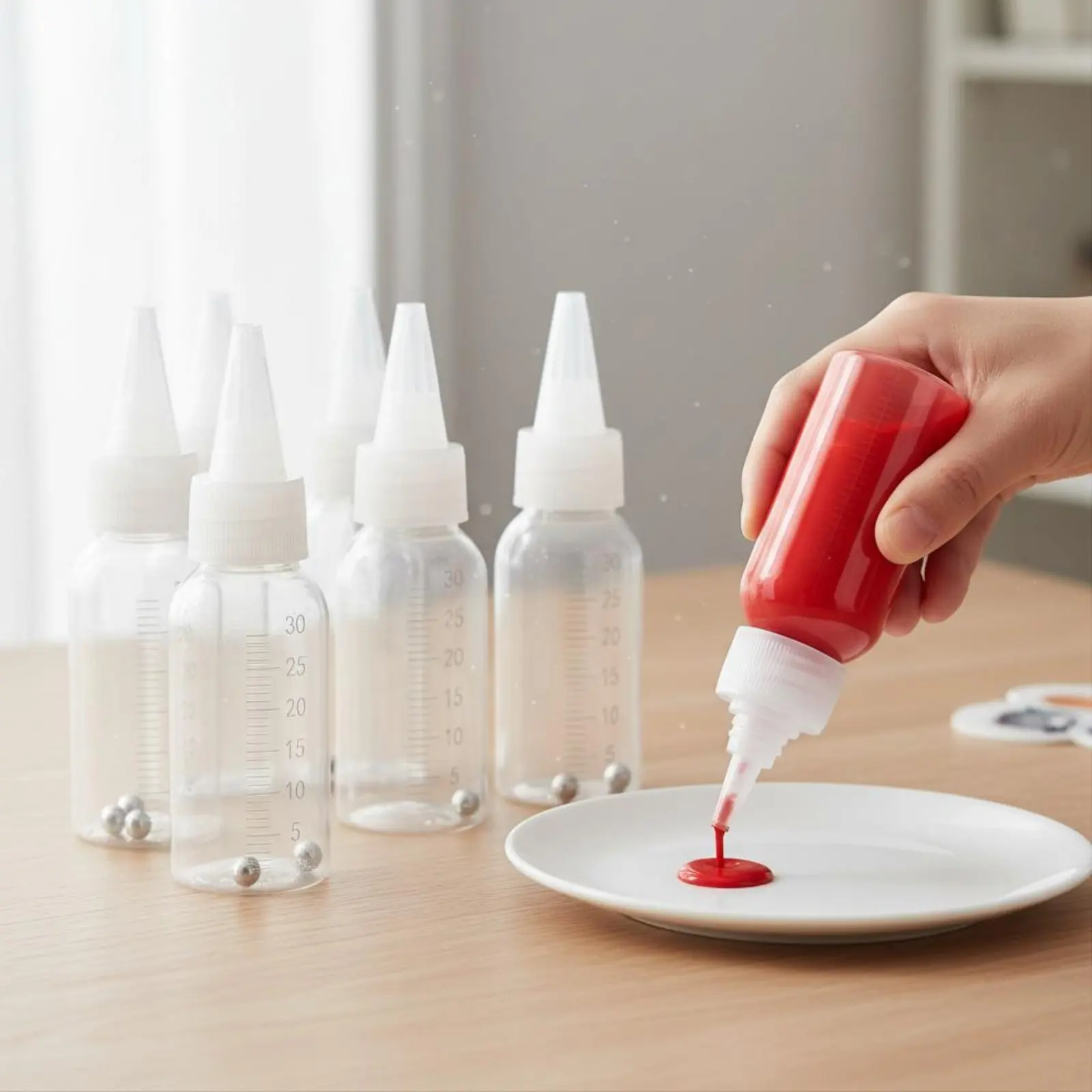 

Набор из 10 пластиковых бутылок для хранения краски: герметичные, для смешивания, с устойчивыми к протечкам крышками, сжимаемые корпуса.