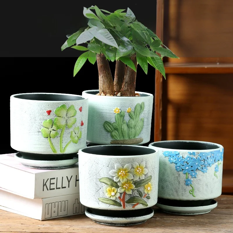 Ceramic Succulent Planters Large Diameter Porous Clay Pots Simple Style Green Plant Old Pile Creative Small Cute Meaty