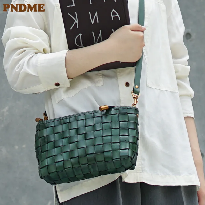 Vintage fashion luxury desig natural genuine leather woven small square package outside casual ladies shoulder crossbody bag