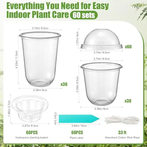 

60 Sets Indoor Planting Kit: Clear Self-Watering Pots, Humidity Domes, Hydroponic Baskets, Labels & Wick Rope