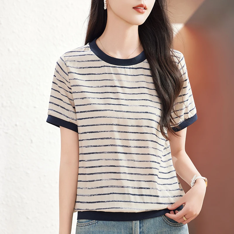New 19 Momme Real Silk Women's Satin T-shirt 2026 Summer Tees Tops Short Sleeve Woman Casual T-shirts Women Striped T Shirts
