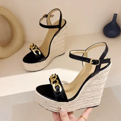 Liyke Fashion Design Chain Decoration Open Toe Wedges Sandals Women Summer Shoes Fashion Buckle Strap Platform High Heels Black