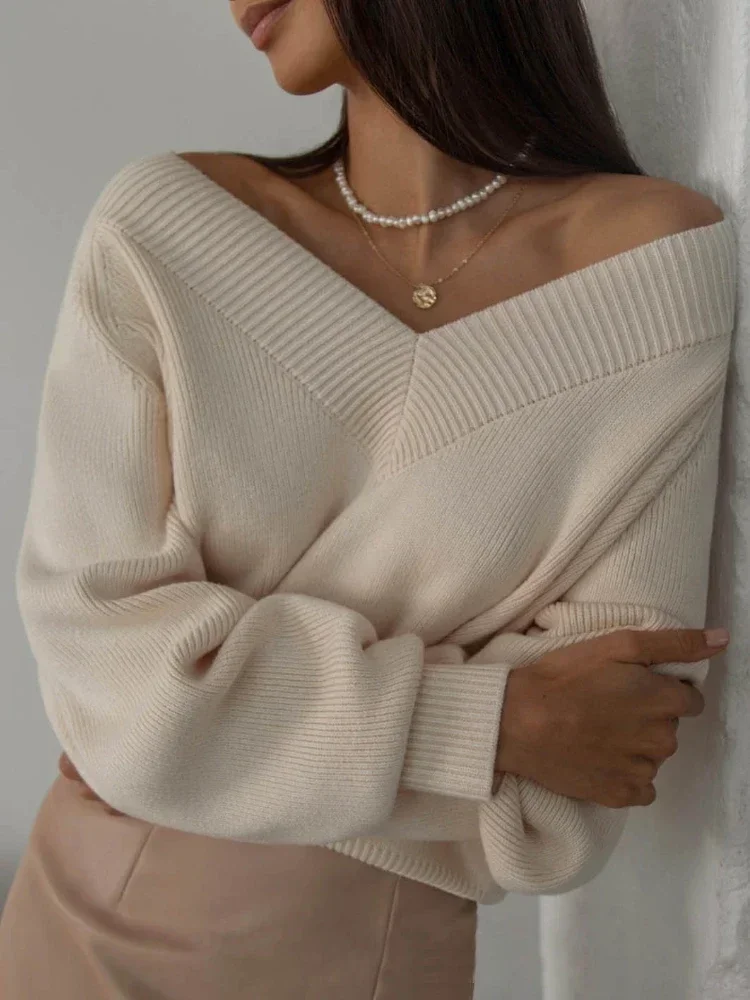 

Vintage Oversize Knitted Sweater for Women V-neck Long Sleeve Jumper Fashion Autumn Winter Top Female Pullover Fashion 2025