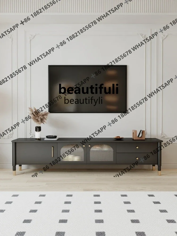 French TV Cabinet Modern Simple and Light Luxury Living Room New Cream Style Solid Wood Floor Cabinet Black