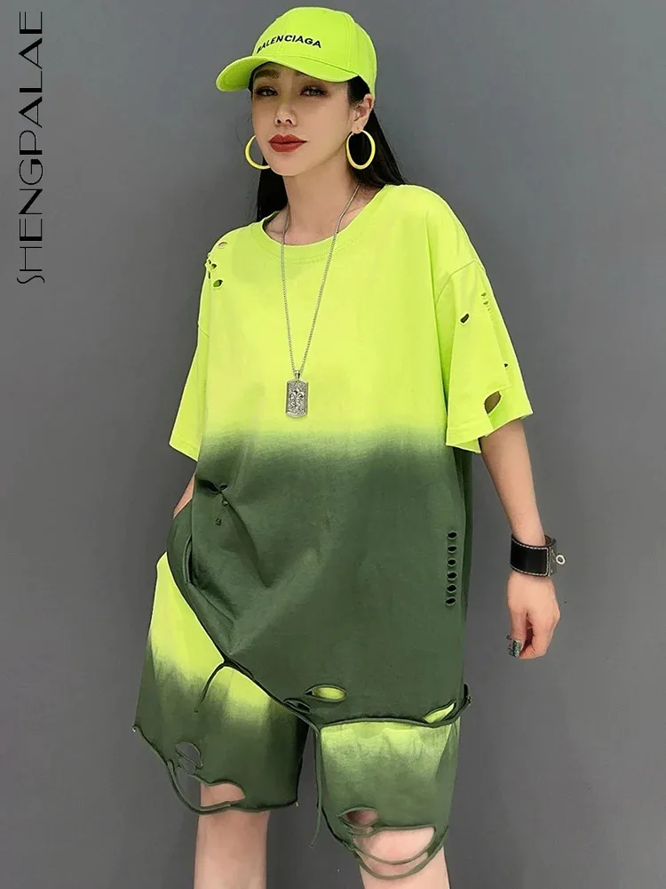 

SHENGPALAE 2024 Summer New 2 Piece Set Colored Short Sleeved Shirt Trendy Shorts Casual Fashion Elegant Loose Women Suit 5C1253