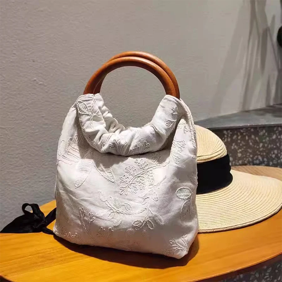 Vintage Bamboo hand wooden ring mini totes bag embroidered bucket bag soild color purse and handbags party dinner clutch bag sac