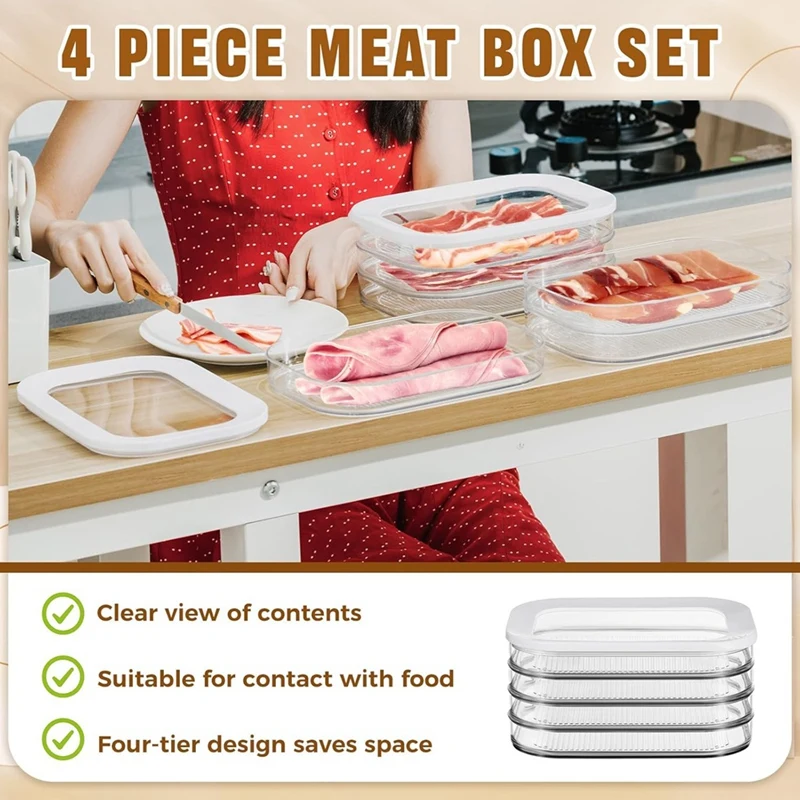 Meat Container for Fridge with Lid 4-Layer and 2-Layer Stackable Lunch Meat Container for Cold Cuts Storage Containers-A75P