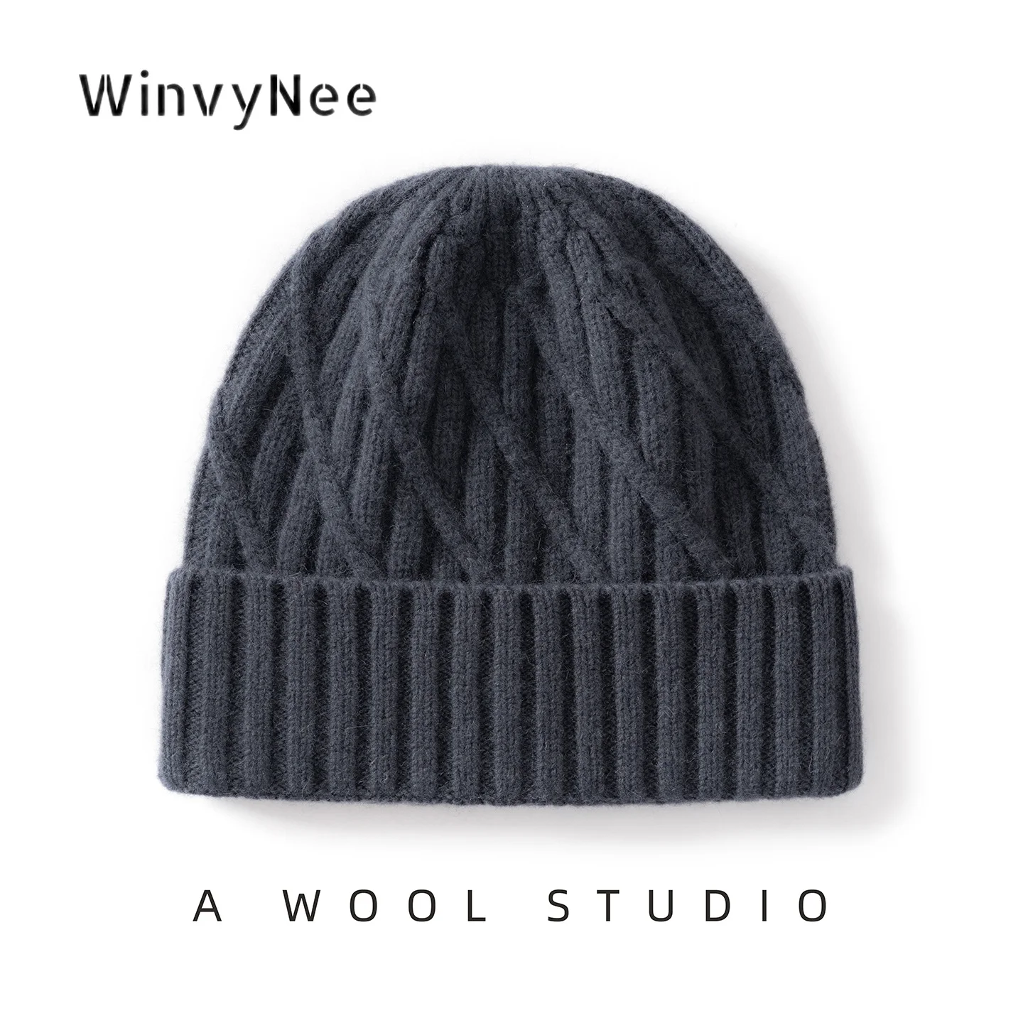 WinvyNee Women Pure Wool Knit Thick Diagonal Bold Rib Cuffed Hat Trendy Warm Fine Texture Versatile Spring Autumn ZI1883040