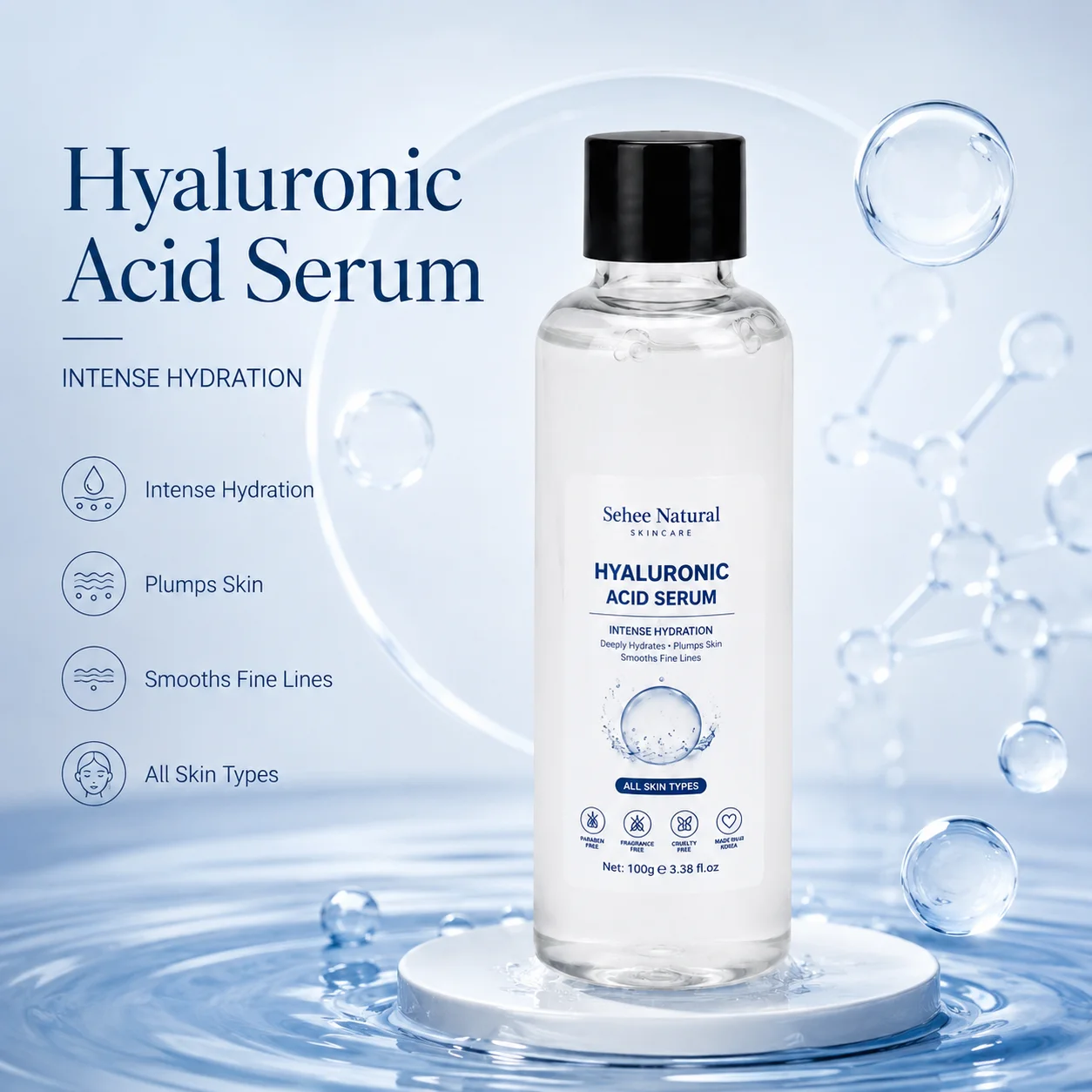 Pure Hyaluronic Acid Facial Serum Deep Hydration Moisturizing Base Essence Minimize Fine Lines Firming Dry Sensitive Skin