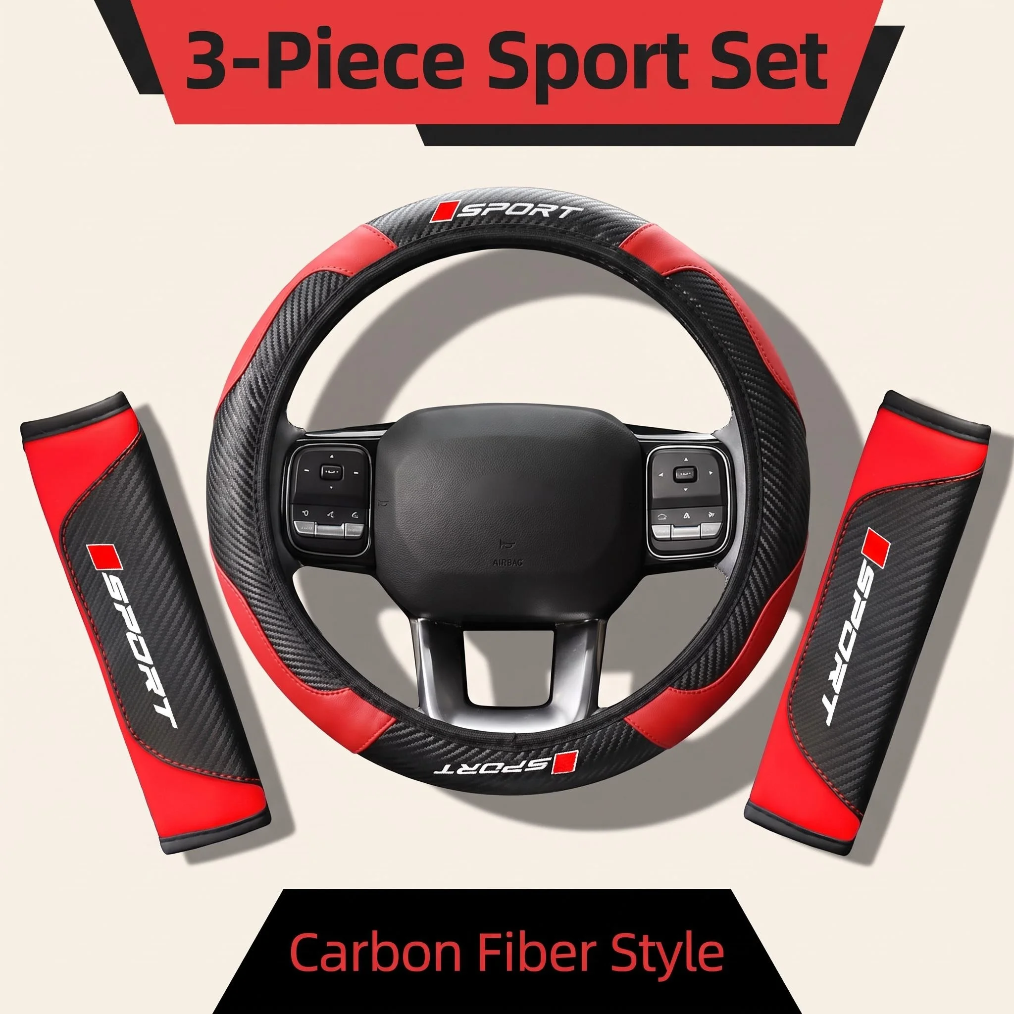 Carbon Fiber Sport Print Car Interior Accessories Set, Universal Steering Wheel Cover Without Inner Ring, 2PCS Seat Belt Shoulder Pads, Non-Slip Wear Resistant Sport Style Auto Decor Kit for Most Vehicles