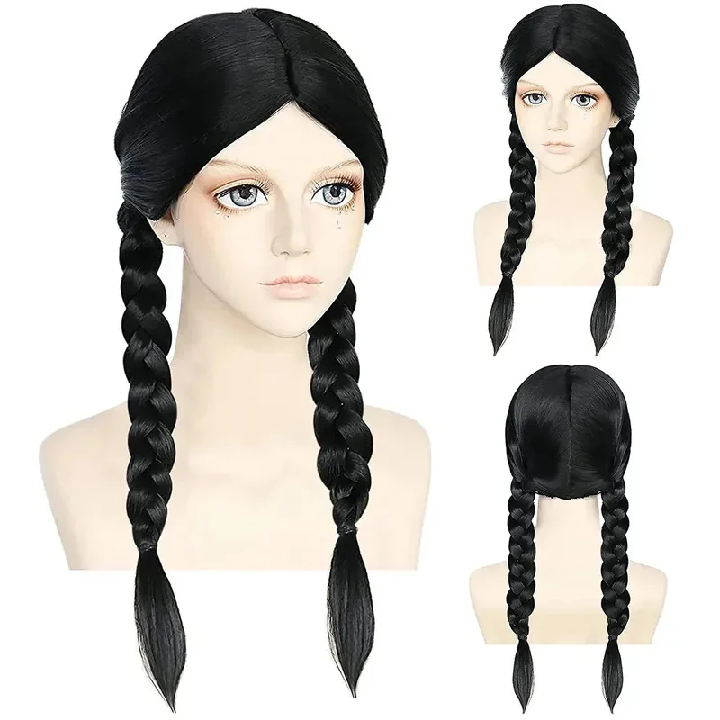 Peluca de Cosplay de Wednesday Addams, peluca sintética de doble trenzas negras de mar para Halloween, tocado, Cosplay de familia Adams, fibra resistente al calor