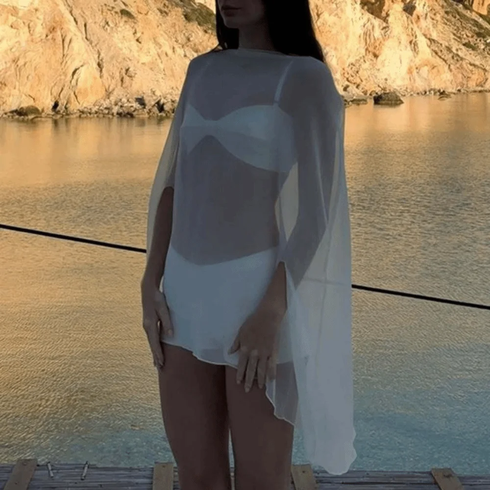 Elegant Chiffon Smock Top Solid Color O-Neck See Through Top Oversized Loose Fit Long Sleeves Cover-up Beach Vacation