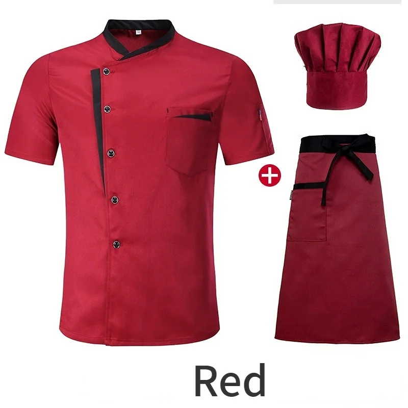 Chaqueta de Chef de manga corta para hombres y mujeres, uniforme de trabajo de cocina de Hotel, camisa de cocina de restaurante, chaqueta + sombrero + delantal