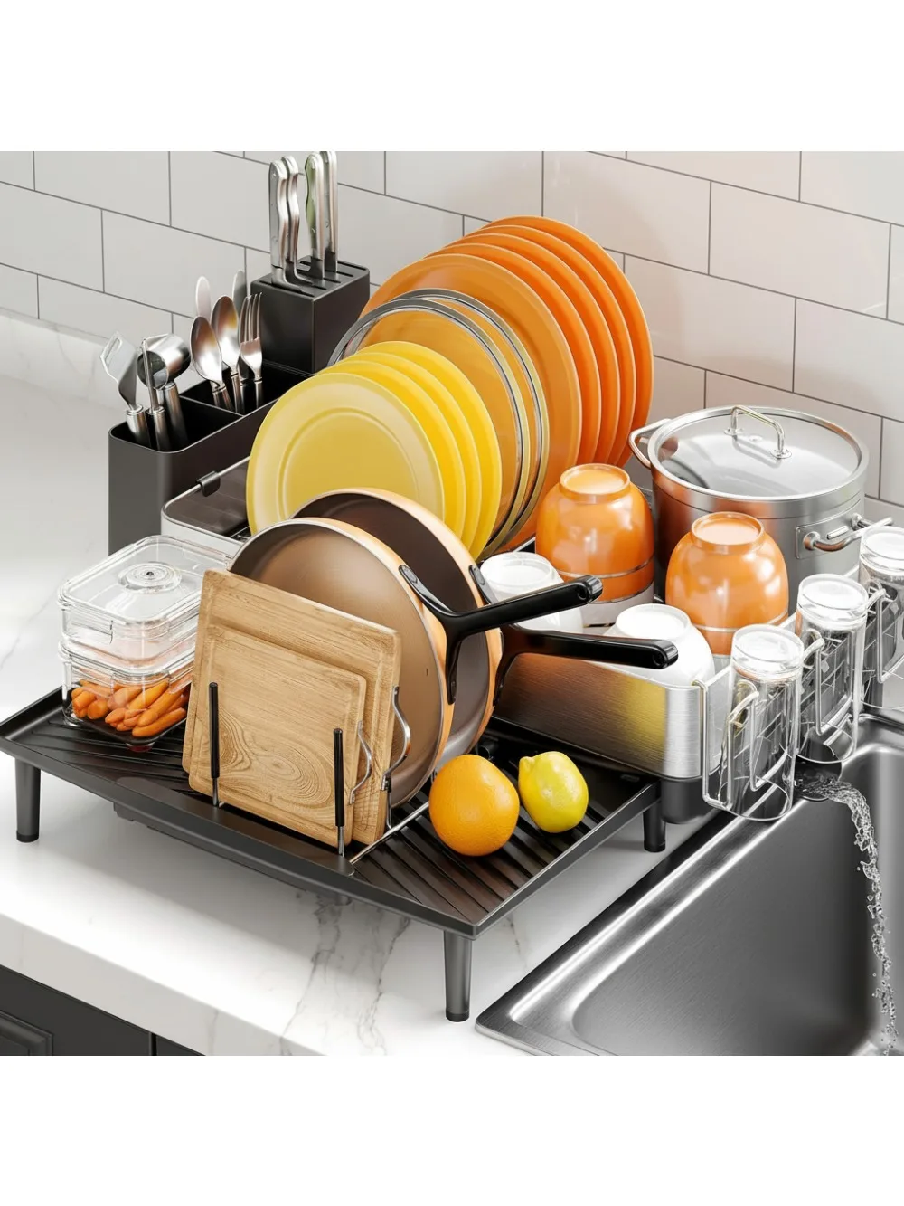 

Expandable Stainless Steel Dish Drying Rack with Cutlery Holder - Large Kitchen Counter Space Saver