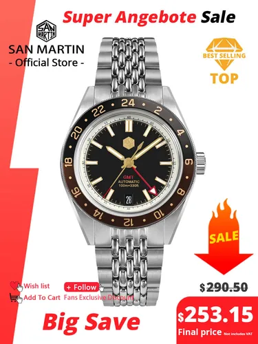 San Martin nuevo 39,5mm NH34 GMT reloj para hombre bisel de aluminio bidireccional zafiro mecánico automático de lujo 10Bar luminoso SN0116